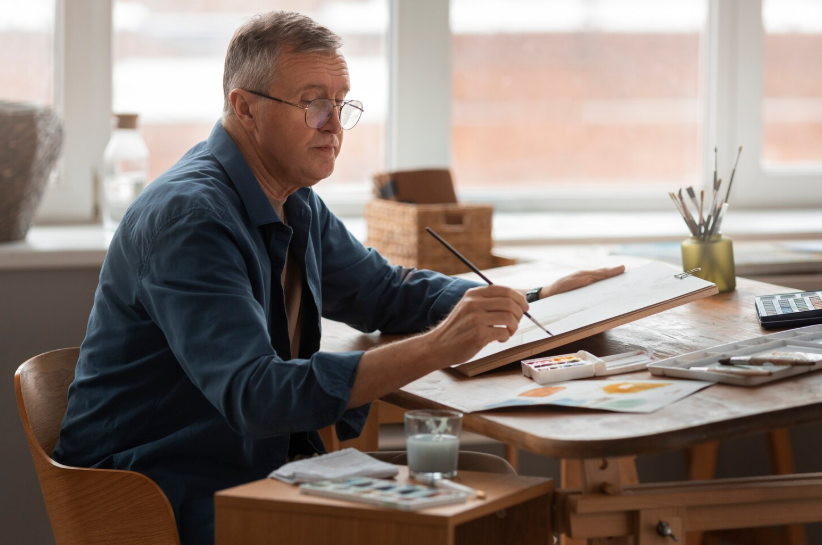 Older artist calmly painting at a desk in a bright studio, representing a long-term creative life.